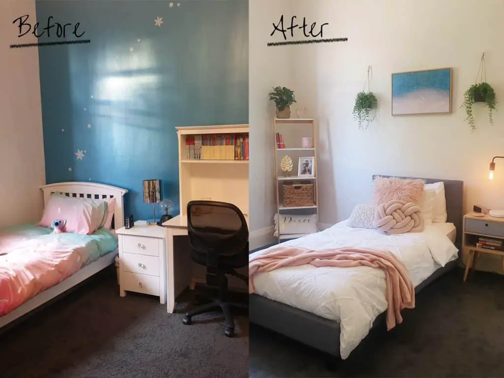 Before and after photos of teenage girls room makeover.