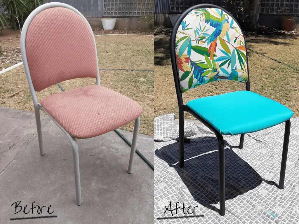 Chair upcycle project before and after photos. New fabric and spray painted matte black frame.