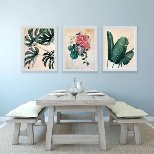 Beauty from Broken Full Set by Mary Zammit. Set of 3 prints mounted on wall above dining table.