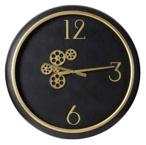 Black and gold wall clock with exposed mechanics front view