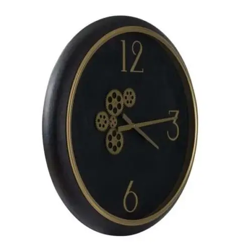 Black and gold wall clock with exposed mechanics side on view