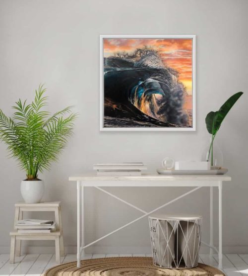Break of Dawn by Mary Zammit wall art print on wall above side table.