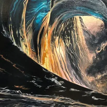 Break of Dawn by Mary Zammit close up of artwork. Wave breaking at dawn with orange sky. Close Up of wave.