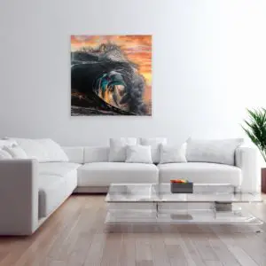 Break of Dawn by Mary Zammit large print on wall above sofa