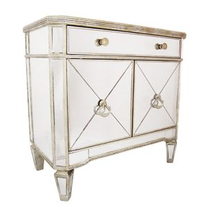 Helene mirrored cabinet side on front view. 1 drawer with cupboard underneath