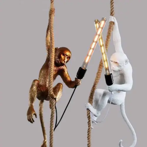 Monkey Lamps two hanging one white and one gold