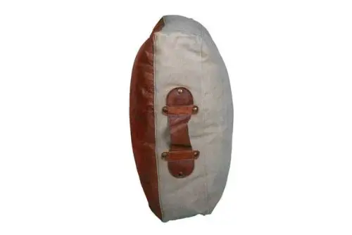 Recycled Leather Large Polo cushion side view with leather handle