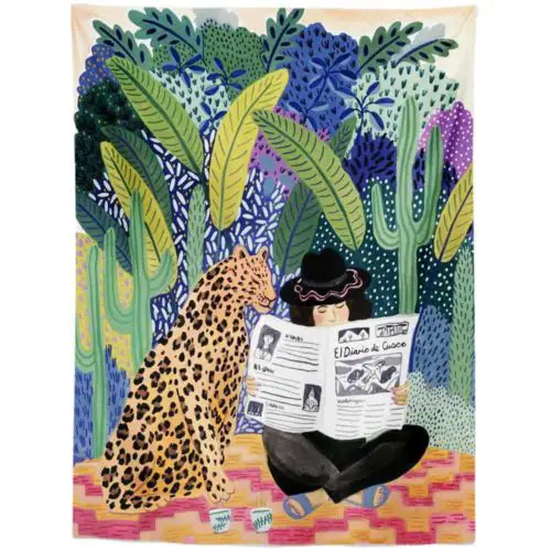 Exotic Tapestry reading newspaper