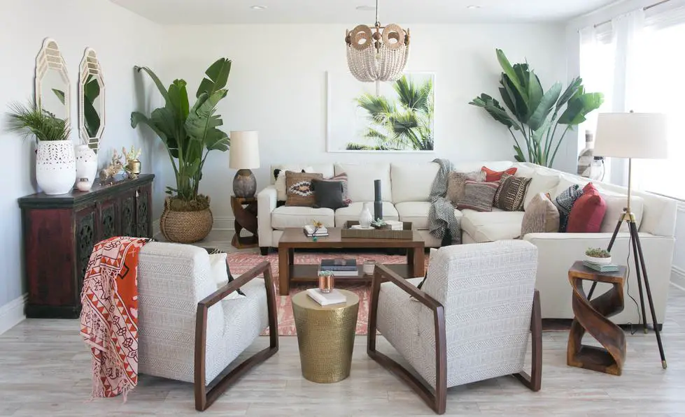 70s boho style Living room with indoor plants. 70s revival interior design