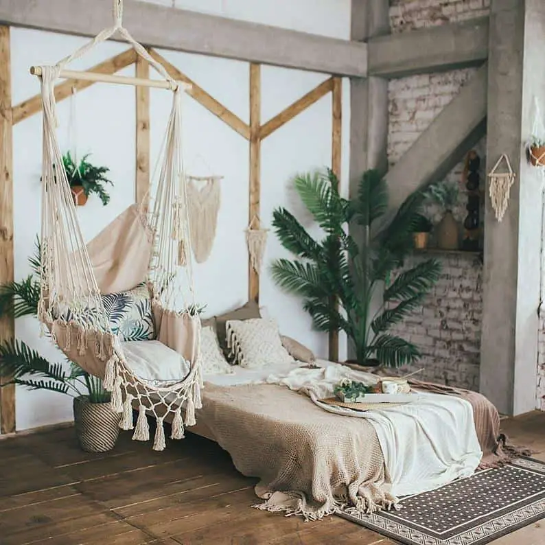 Macrame hanging chair. 70s revival interior design