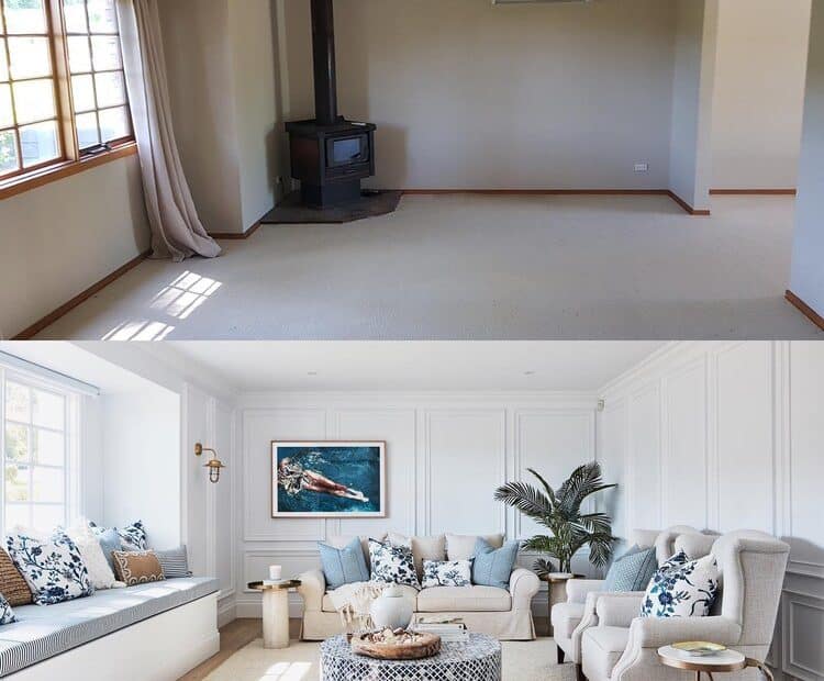 Before and after living room renovation by Three Birds Renovations