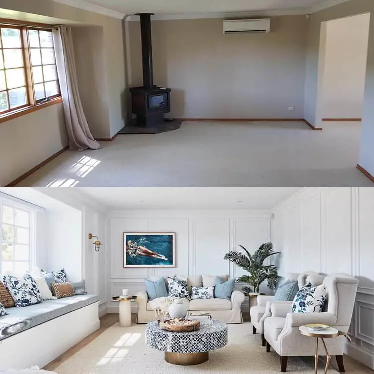 Before and after living room renovation by Three Birds Renovations