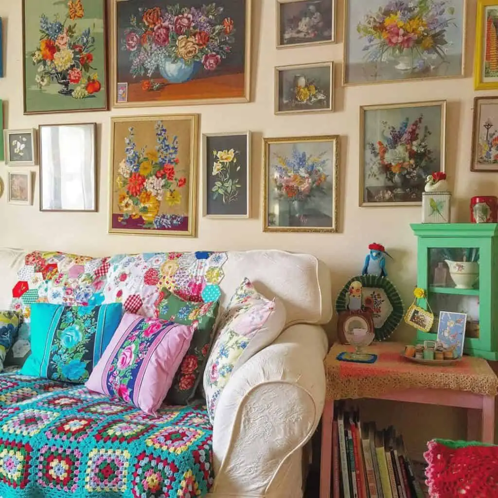 Nostalgia Granny Chic trend featuring crocheted blanket, floral artwork and cushions