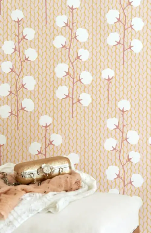 Sweet Cotton wallpaper with cotton branch pattern in soft pink detail