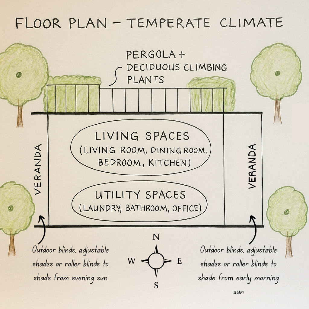 how to orientate a floor plan in a temperate climate - living spaces should face north with utility spaces facing south. A pergola with deciduous plants could shade the north facing windows and a veranda on both the east and west sides to shade the hot sun. Around the building should be deciduous trees for shade during the summer months.
