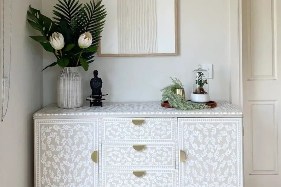 Vintage sideboard makeover. Bone inlay effect using stencils and paint.