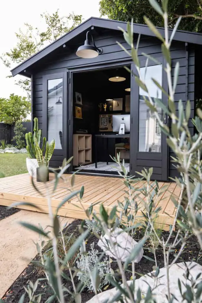 Mark's studio shed external view with added deck and barn light