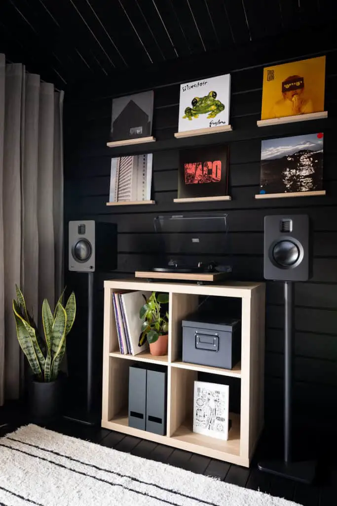 Mark's studio shed interior with record shelves and speakers