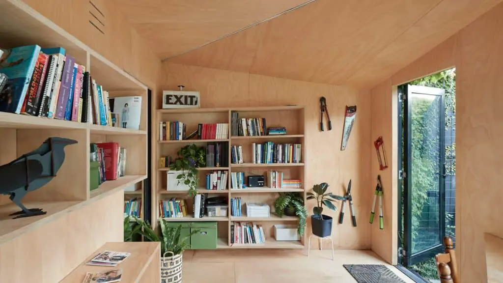 Writers shed interior plywood finish