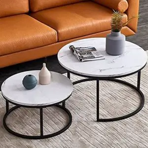 Set of 2 round coffee tables. Black frame, marble look top